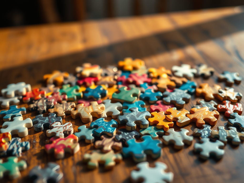 viele verschieden farbige Puzzleteile liegen ungeordnet auf einem Holztisch